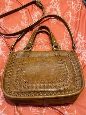 Antik Kraft Brown Leather Shoulder Satchel with Woven Detail